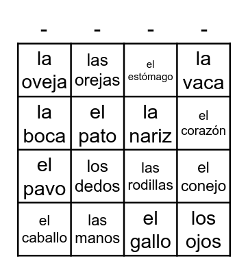 Unidad 4: El cuerpo y los animales Bingo Card