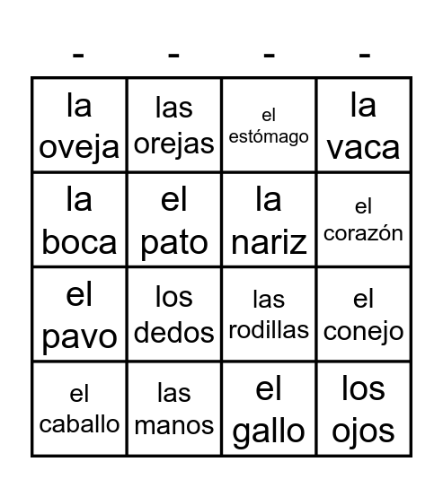 Unidad 4: El cuerpo y los animales Bingo Card