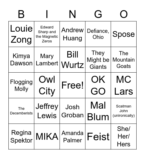 Gus's varied taste in music Bingo Card