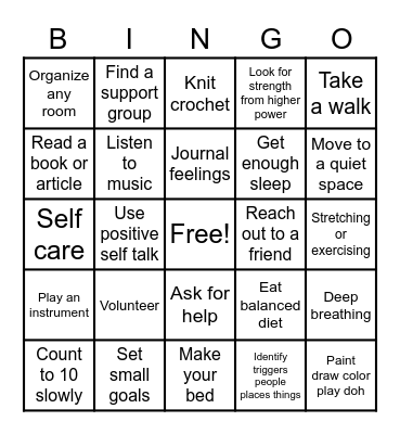 Healthy Coping Skills Bingo Card