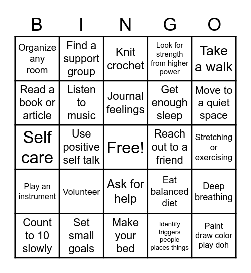 Healthy Coping Skills Bingo Card