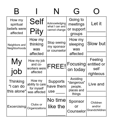 Recovery Bingo Card
