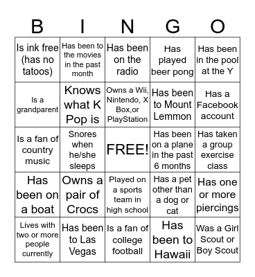 Y Bingo #2 (Can only use each name once) Bingo Card
