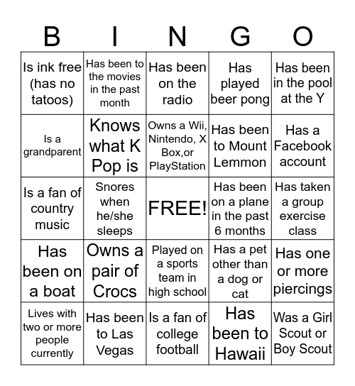 Y Bingo #2 (Can only use each name once) Bingo Card