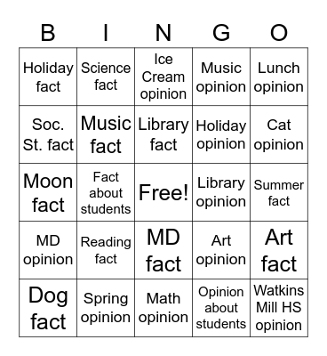 Facts vs Opinions Bingo Card