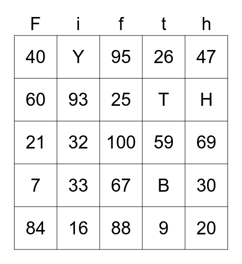 Numbers and Letters 23 Bingo Card