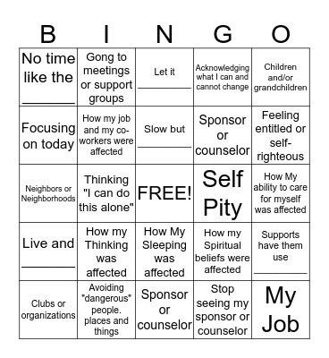 Recovery Bingo Card