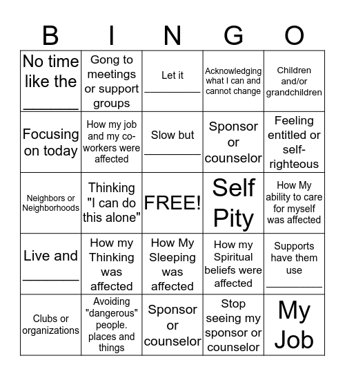 Recovery Bingo Card