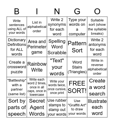 Spelling Bingo Card