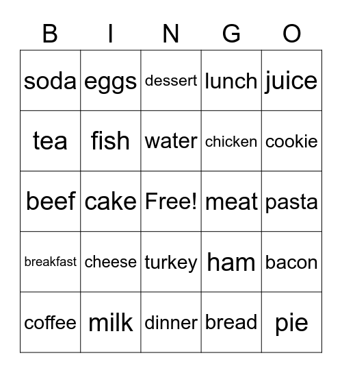 Dairy, meats, drinks & pastries 1 Bingo Card