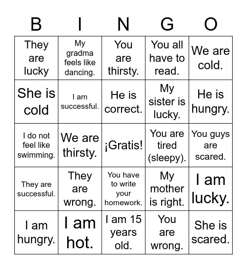 expresiones con tener Bingo Card
