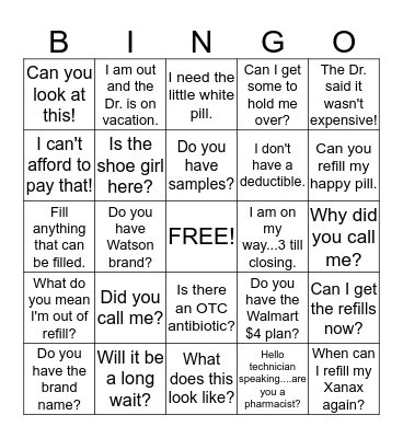 Reed Family Pharmacy Bingo Card