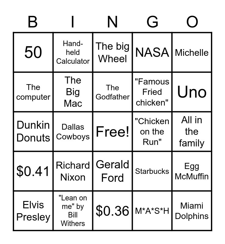 Back In 1972 Bingo Card