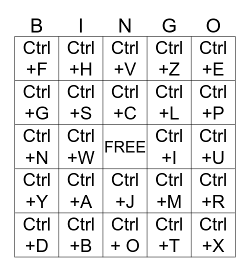 Keyboard Shortcuts Bingo Card