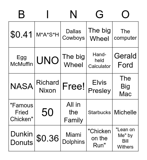 Back in 1972 Bingo Card