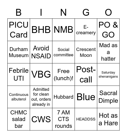 UNMC Peds Residency Bingo Card