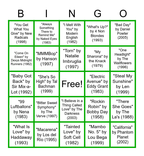 One Hit Wonders Bingo Card