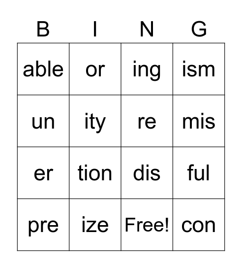 Prefix and Suffix Bingo Card