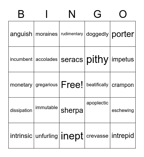 Vocabulary Bingo Card