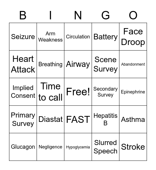 Sudden Illness Bingo Card
