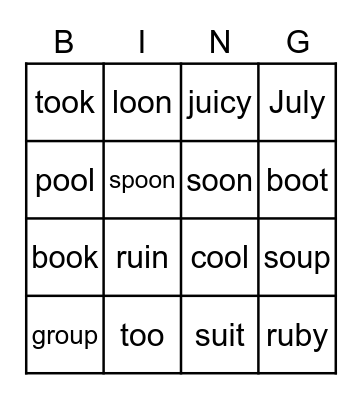 Vowel Pairs-oo,ui,ew,ue,u,ou,oe Bingo Card