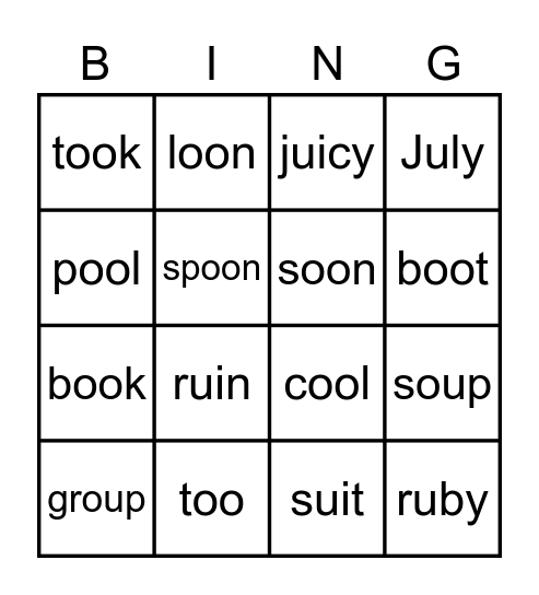 Vowel Pairs-oo,ui,ew,ue,u,ou,oe Bingo Card