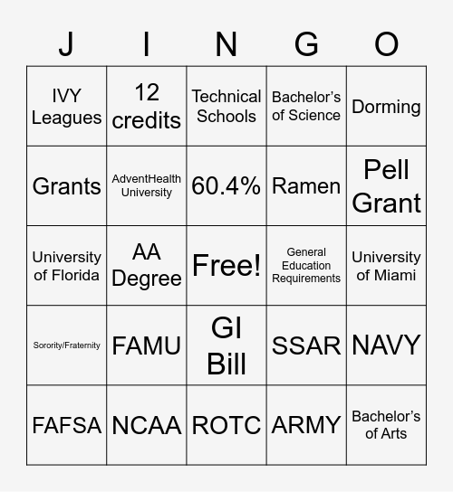 College Jino Bingo Card