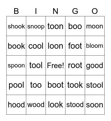 OO Vowel Sounds Bingo Card