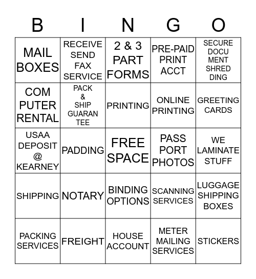 THE UPS Stores Bingo Card