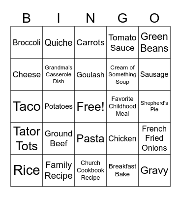 Hot Dish/ Casserole Bingo Card