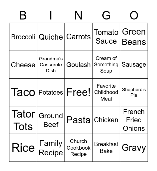 Hot Dish/ Casserole Bingo Card