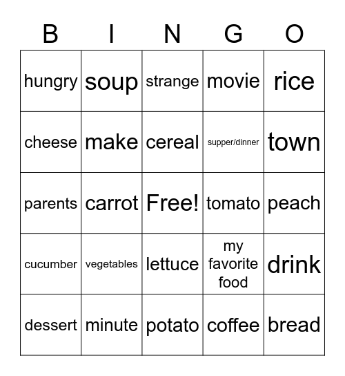 Our World Unit 2 Food Bingo Card