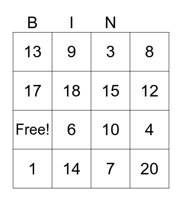 Number Bingo Card