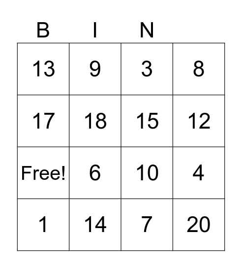 Number Bingo Card