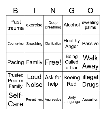 Anger Management and Triggers Bingo Card