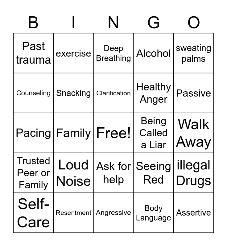 Anger Management and Triggers Bingo Card