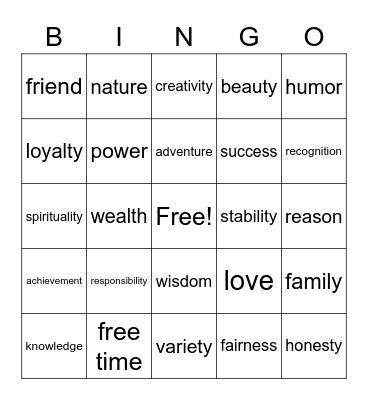 PERSONAL VALUES Bingo Card