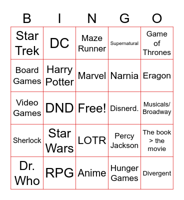 All Things Nerd Bingo Card