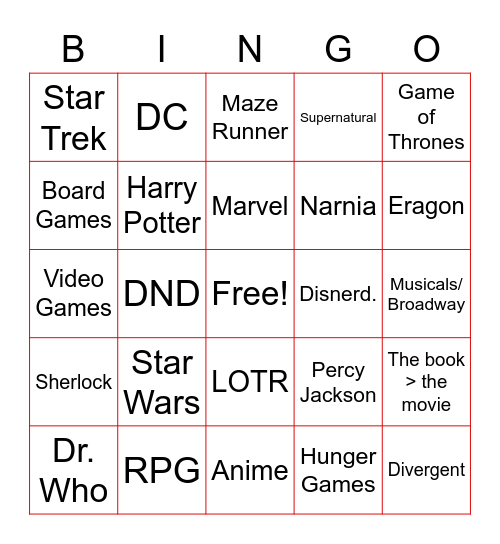 All Things Nerd Bingo Card