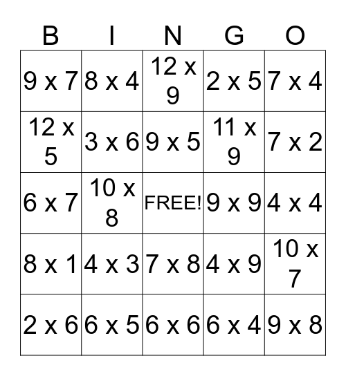 Multiplication Bingo Card