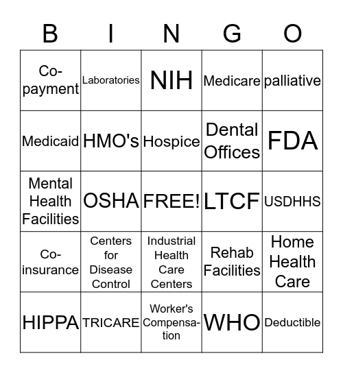 Health Care Systems Bingo Card