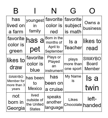 SWAYBO SUMMER EXCURSION Bingo Card