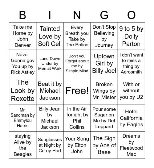 Song Identification Station Bingo Card
