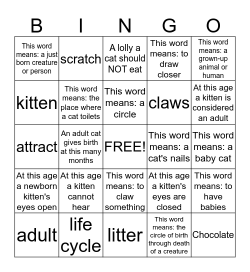 Kitten Vocabulary Words Bingo Card