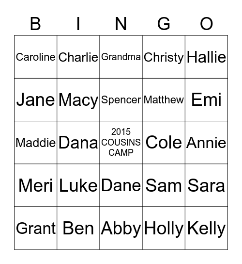 2015 COUSINS CAMP Bingo Card