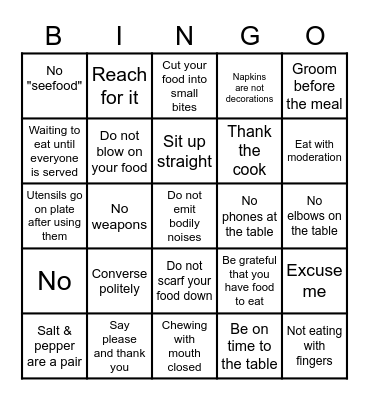 Table Manners Bingo Card