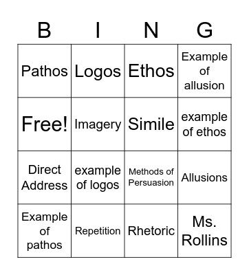 Rhetorical Devices Bingo Card