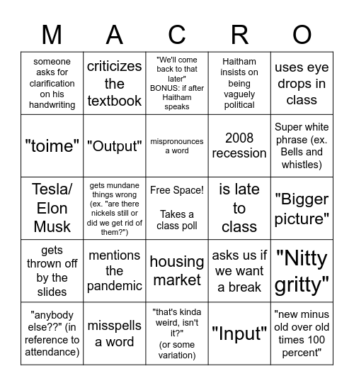 Week 6 Ch 7 ECN 110 Bingo Card