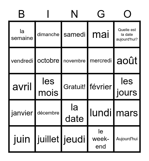 French months & days Bingo Card