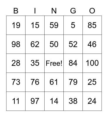numeros 1-100 Bingo Card